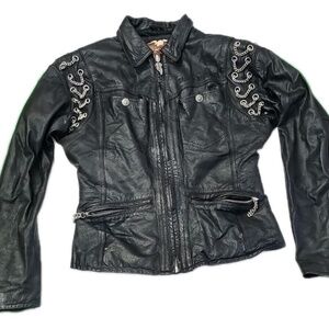 Harley Davidson Rare Vintage Women's Black Leather Jacket Silver Chains Size S